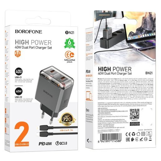 Мережевий зарядний пристрій BOROFONE BN21 Lena PD 40W (2×USB-C) + кабель Type-C - Lightning (iP), EU