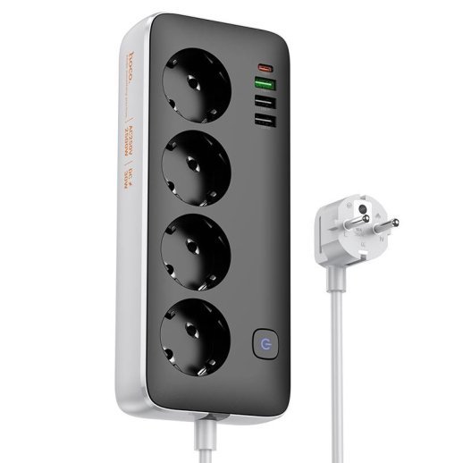 Мережевий подовжувач HOCO AC22 PD 20W (3×USB / 1×Type-C / 4×Socket), 1,5 м, чорний