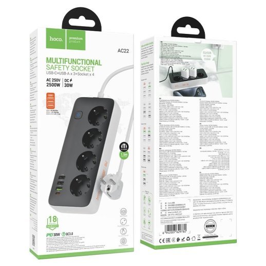 Мережевий подовжувач HOCO AC22 PD 20W (3×USB / 1×Type-C / 4×Socket), 1,5 м, чорний