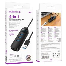 Перехідник BOROFONE DH6 Erudite USB HUB 4-в-1 Gigabit (USB на USB 3.0*3шт. + RJ45) довжина 1,2 метри
