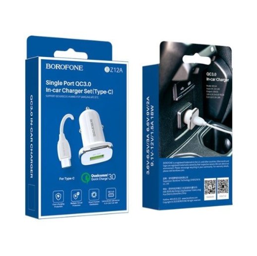 Автомобільний зарядний пристрій BOROFONE BZ12A single port QC3.0 + кабель USB - Type-C білий