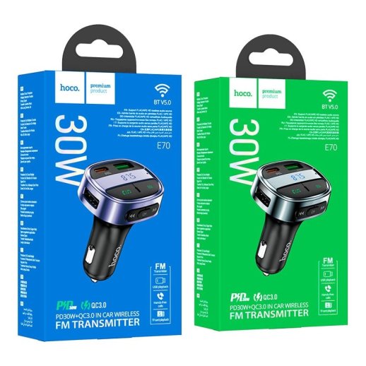 FM трансмітер HOCO E70 Bluetooth з швидкою зарядкою USB-C PD 30W + 1USB QC3.0 18W + 1USB FLASH з гучним зв'язком, magic night