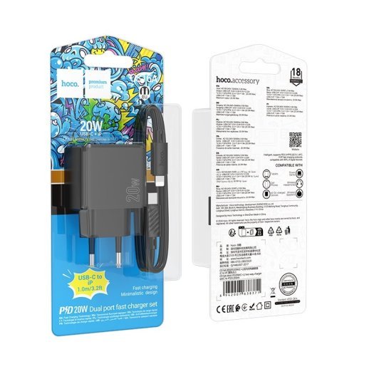 Мережевий зарядний пристрій HOCO CS16A Wish PD 20W TWO-WAY Type-C / Lighning + кабель TYPE-C - Lightning, чорний