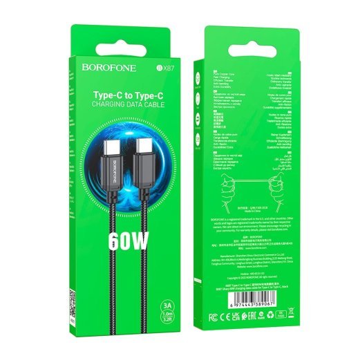 USB-C кабель BOROFONE BX87 Sharp 60W плетений нейлон Type-C to Type-C, чорний