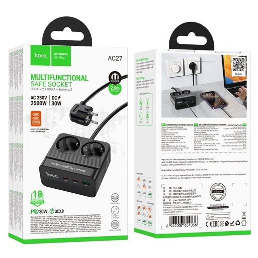 Сетевой удлинитель Hoco AC27 PD30W (1USB/2Type-C/2xSocket) 2м (черный)