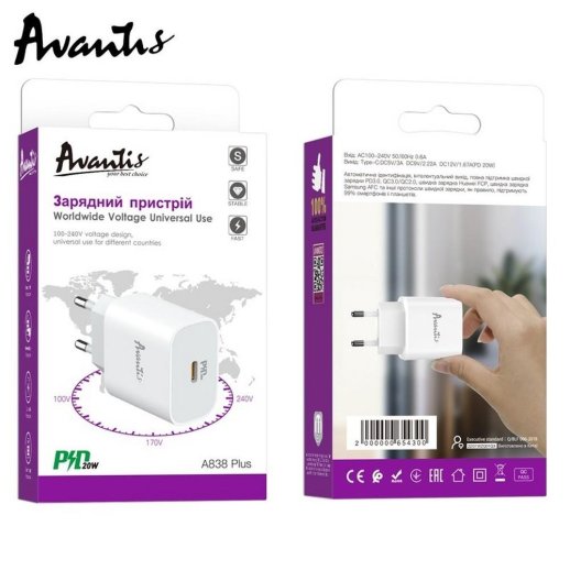 Мережевий Зарядний Пристрій Avantis A838 Plus PD 20W / QC 3.0 Білый