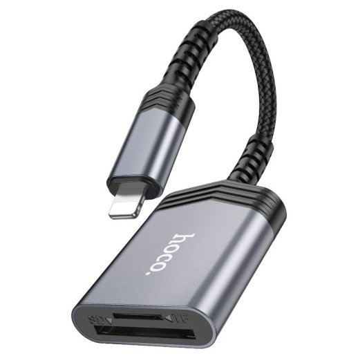 OTG Card Reader HOCO UA25 2в1 Lightning (папа) - картрідер SD/TF card (мама) 19см, сірий