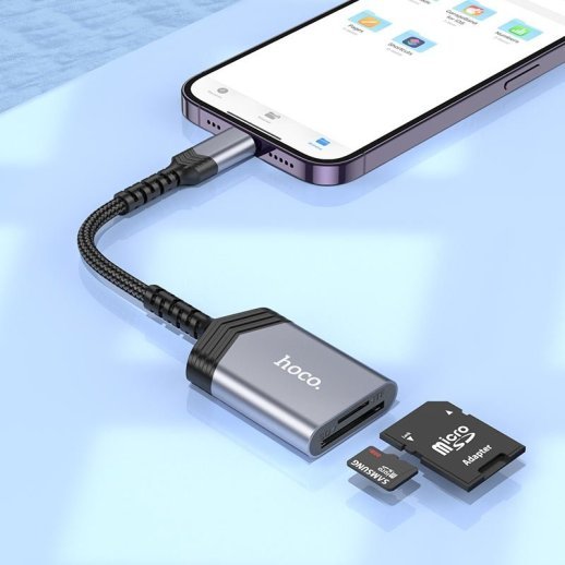 OTG Card Reader HOCO UA25 2в1 Lightning (папа) - картрідер SD/TF card (мама) 19см, сірий