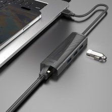 USB Конвертор HOCO HB42 4В1 HUB (USB 3.0 * 2шт. + RJ45 Ethernet), 1,20 метри, чорний
