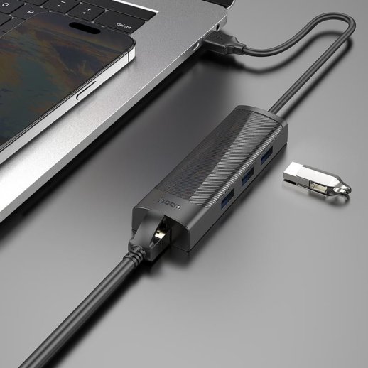 USB Конвертор HOCO HB42 4В1 HUB (USB 3.0 * 2шт. + RJ45 Ethernet), 1,20 метри, чорний