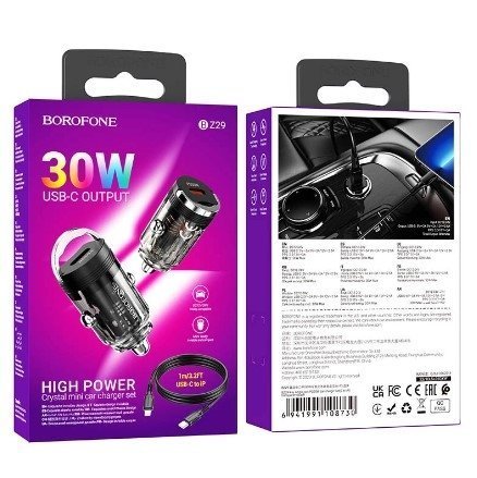 Автомобільний зарядний пристрій BOROFONE BZ29 PD 30W TYPE-C + кабель TYPE-C - LIGHTNING фіолетовий