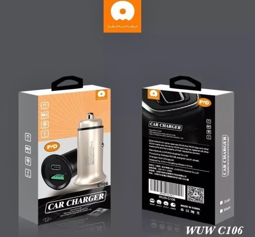 Автомобільний зарядний пристрій WUW C106 USB + TYPE-C PD золотий