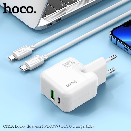 Мережевий зарядний пристрій HOCO C111A TYPE-C PD 30W + QC3.0, БІЛИЙ