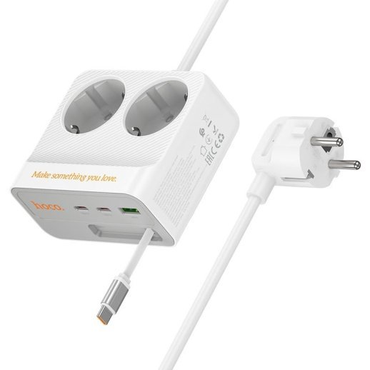 Мережевий подовжувач Hoco AC28 PD 45W USB QC3.0 + 3*Type-C + 2*Розетки 2.00 метра, білий