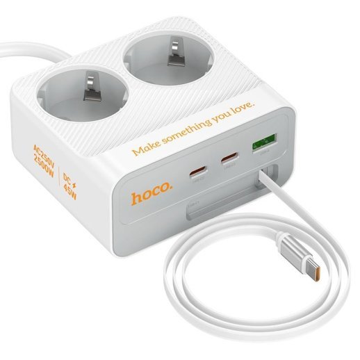 Мережевий подовжувач Hoco AC28 PD 45W USB QC3.0 + 3*Type-C + 2*Розетки 2.00 метра, білий