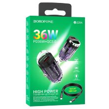 Автомобільний зарядний пристрій BOROFONE BZ29A PD 36W TYPE-C / USB QC3.0 + кабель TYPE-C - LIGHTNING, фіолетовий