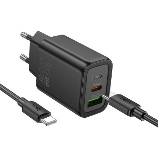 Мережевий зарядний пристрій HOCO N63 TYPE-C PD 30W + USB QC 3.0 + КАБЕЛЬ TYPE-C - TYPE-C, чорний