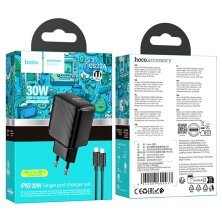 Мережевий зарядний пристрій HOCO CS22A PD 30W TYPE-C + кабель TYPE-C - TYPE-C, ЧОРНИЙ