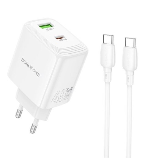Мережевий зарядний пристрій BOROFONE BN30 PD 45W (1×USB-C + USB-A) + кабель Type-C - Type-C, EU