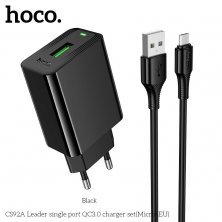 Мережевий зарядний пристрій HOCO CS92A Leader QC3.0 + кабель USB - MICRO, чорний