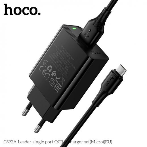 Мережевий зарядний пристрій HOCO CS92A Leader QC3.0 + кабель USB - MICRO, чорний
