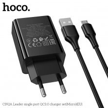 Мережевий зарядний пристрій HOCO CS92A Leader QC3.0 + кабель USB - MICRO, чорний