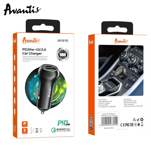 Автомобільний зарядний пристрій Avantis A918PD 38W PD 20W + QC3.0 Black