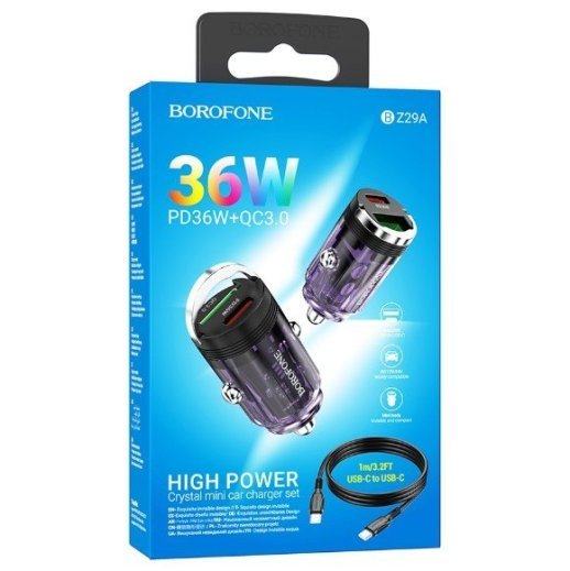 Автомобільний зарядний пристрій BOROFONE BZ29A PD 36W TYPE-C / USB QC3.0 + кабель TYPE-C - TYPE-C фіолетовий