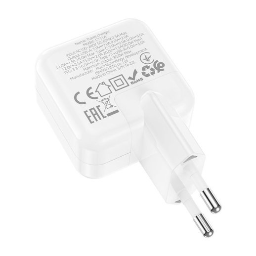 Мережевий зарядний пристрій HOCO C111A TYPE-C PD 30W + QC3.0, БІЛИЙ