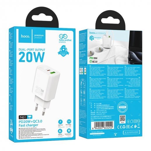 Мережевий зарядний пристрій HOCO N61 Gentle TYPE-C PD 20W + USB QC 3.0, білий