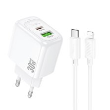 Мережевий зарядний пристрій HOCO CS55A TYPE-C PD 30W / USB QC 3.0+ кабель TYPE-C - LIGHTNING, білий