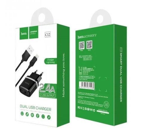 Мережевий зарядний пристрій HOCO C12 Smart 2*USB 2.4A + кабель USB - Lightning, чорний