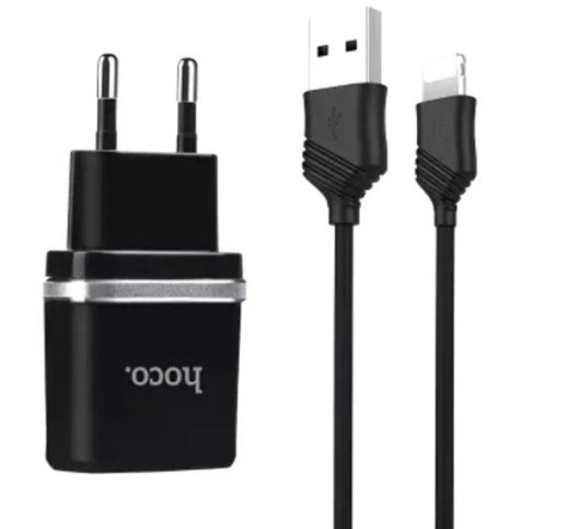 Мережевий зарядний пристрій HOCO C12 Smart 2*USB 2.4A + кабель USB - Lightning, чорний
