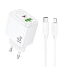 Мережевий зарядний пристрій HOCO CS54A TYPE-C PD 20W / USB QC 3.0 + кабель TYPE-C - LIGHTNING, білий