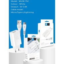 Мережевий зарядний пристрій WUW T52 1USB 2.4A + USB Type-C БІЛИЙ (70)