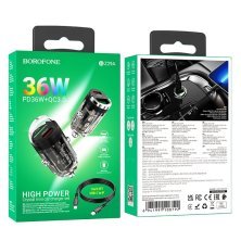 Автомобільний зарядний пристрій BOROFONE BZ29A PD 36W TYPE-C / USB QC3.0 + кабель TYPE-C - LIGHTNING, чорний