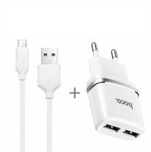 Мережевий зарядний пристрій HOCO C12 Smart 2*USB 2.4A + кабель USB - MicroUSB, білий