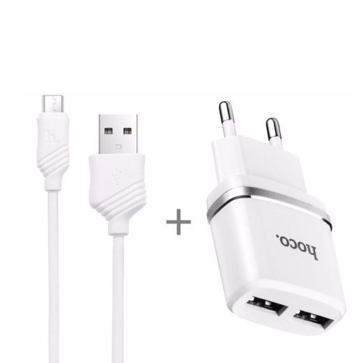 Мережевий зарядний пристрій HOCO C12 Smart 2*USB 2.4A + кабель USB - MicroUSB, білий