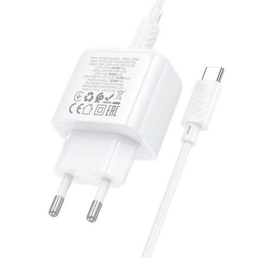 Мережевий зарядний пристрій HOCO CS54A TYPE-C PD 20W / USB QC 3.0 + кабель TYPE-C - TYPE-C, білий