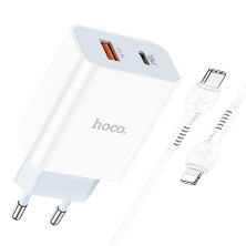 Мережевий зарядний пристрій HOCO C97A TYPE-C PD 20W + USB QC 3.0 + кабель TYPE-C - LIGHTNING, БІЛИЙ