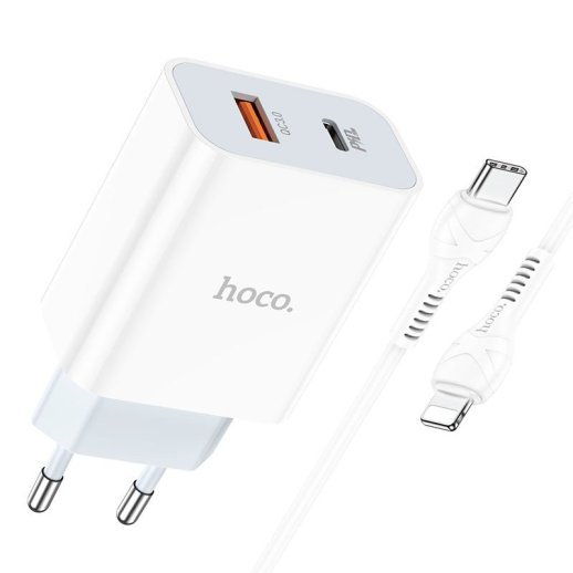 Мережевий зарядний пристрій HOCO C97A TYPE-C PD 20W + USB QC 3.0 + кабель TYPE-C - LIGHTNING, БІЛИЙ