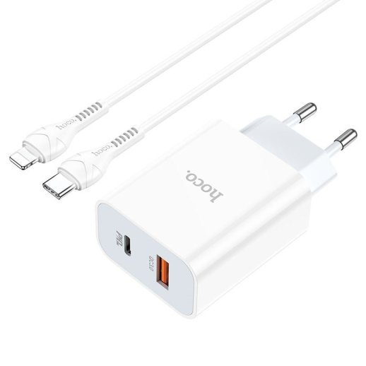 Мережевий зарядний пристрій HOCO C97A TYPE-C PD 20W + USB QC 3.0 + кабель TYPE-C - LIGHTNING, БІЛИЙ