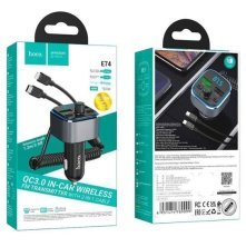 FM трансмітер HOCO E74 Bluetooth з швидкою зарядкою 18W 2USB з гучним зв'язком + вбудованим кабелем lightning и type-c