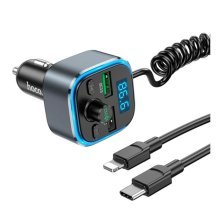 FM трансмітер HOCO E74 Bluetooth з швидкою зарядкою 18W 2USB з гучним зв'язком + вбудованим кабелем lightning и type-c
