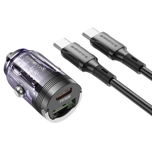 Автомобільний зарядний пристрій BOROFONE BZ29A PD 36W TYPE-C / USB QC3.0 + кабель TYPE-C - TYPE-C фіолетовий
