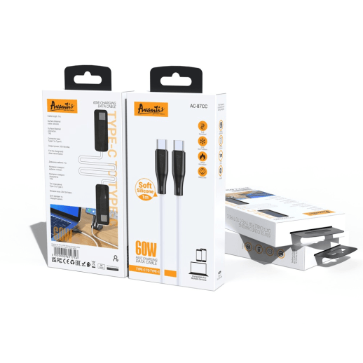 USB Cable Avantis AC-87сс PD Silicone 60W Type-C to type-C Black/White