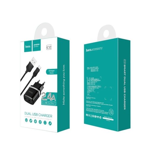 Мережевий зарядний пристрій HOCO C12 Smart 2*USB 2.4A + кабель USB - MicroUSB, чорний
