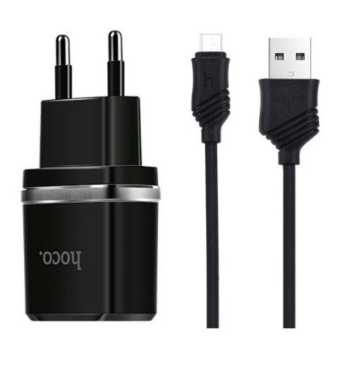 Мережевий зарядний пристрій HOCO C12 Smart 2*USB 2.4A + кабель USB - MicroUSB, чорний