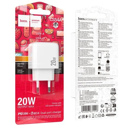 Мережевий зарядний пристрій HOCO CS54A TYPE-C PD 20W + USB QC 3.0, білий