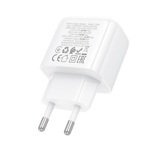 Мережевий зарядний пристрій HOCO CS54A TYPE-C PD 20W + USB QC 3.0, білий